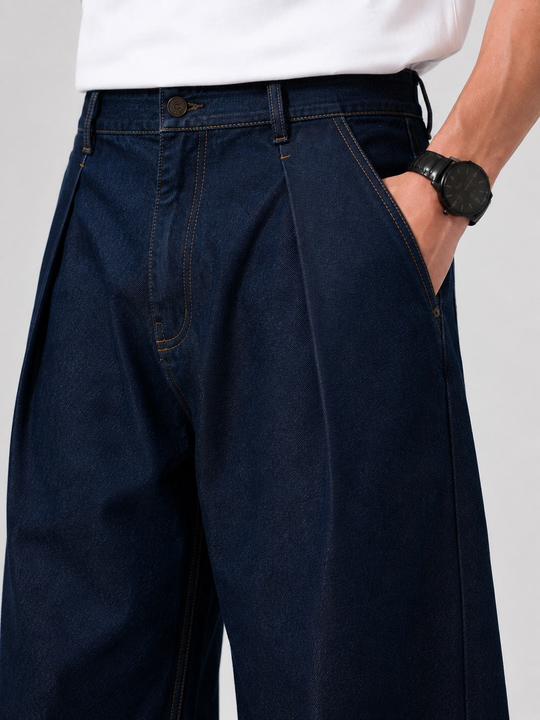 Pleated Raw Denim Pants